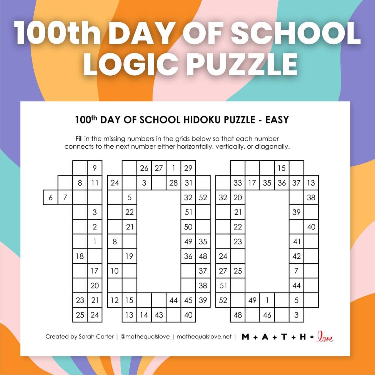 100th Day Of School Hidoku Logic Puzzles Math U003d Love