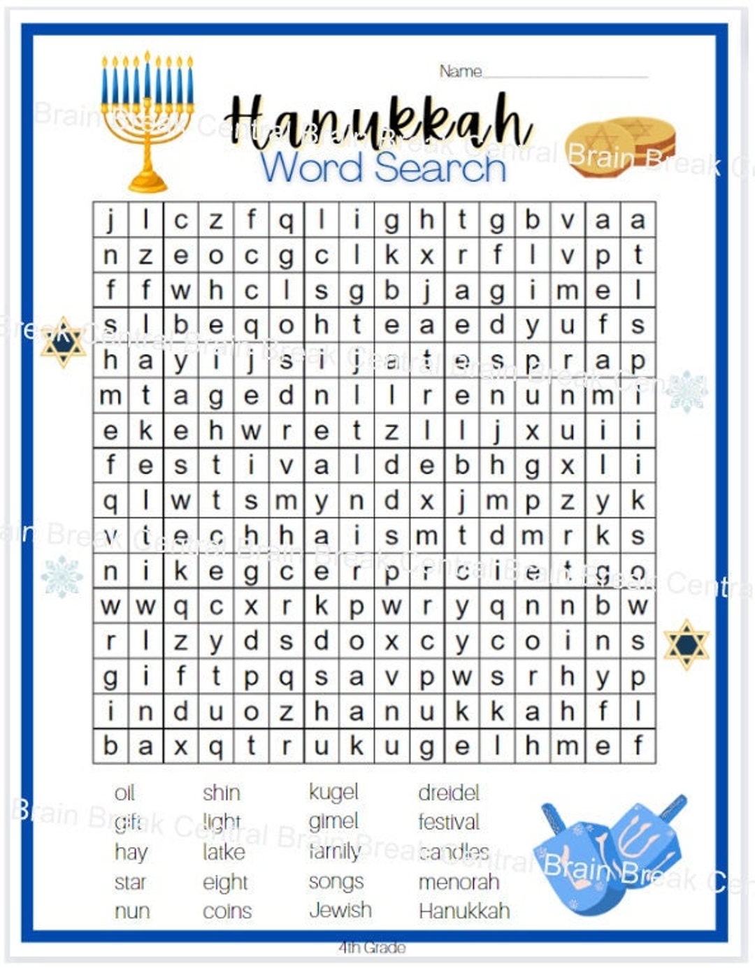 4th Grade Hanukkah Word Search With Answer Key Printable Etsy