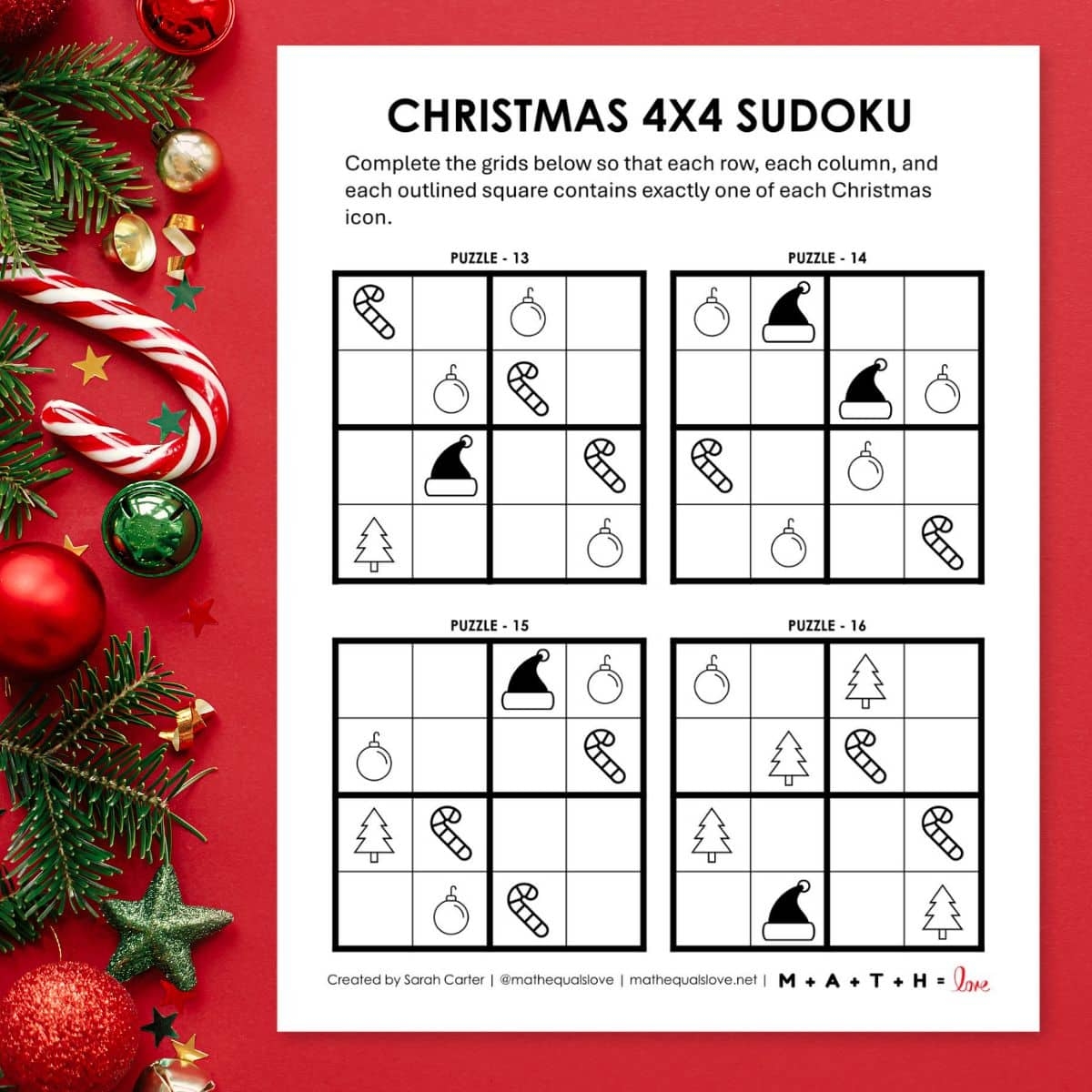 4x4 Christmas Sudoku Puzzles Printable PDF