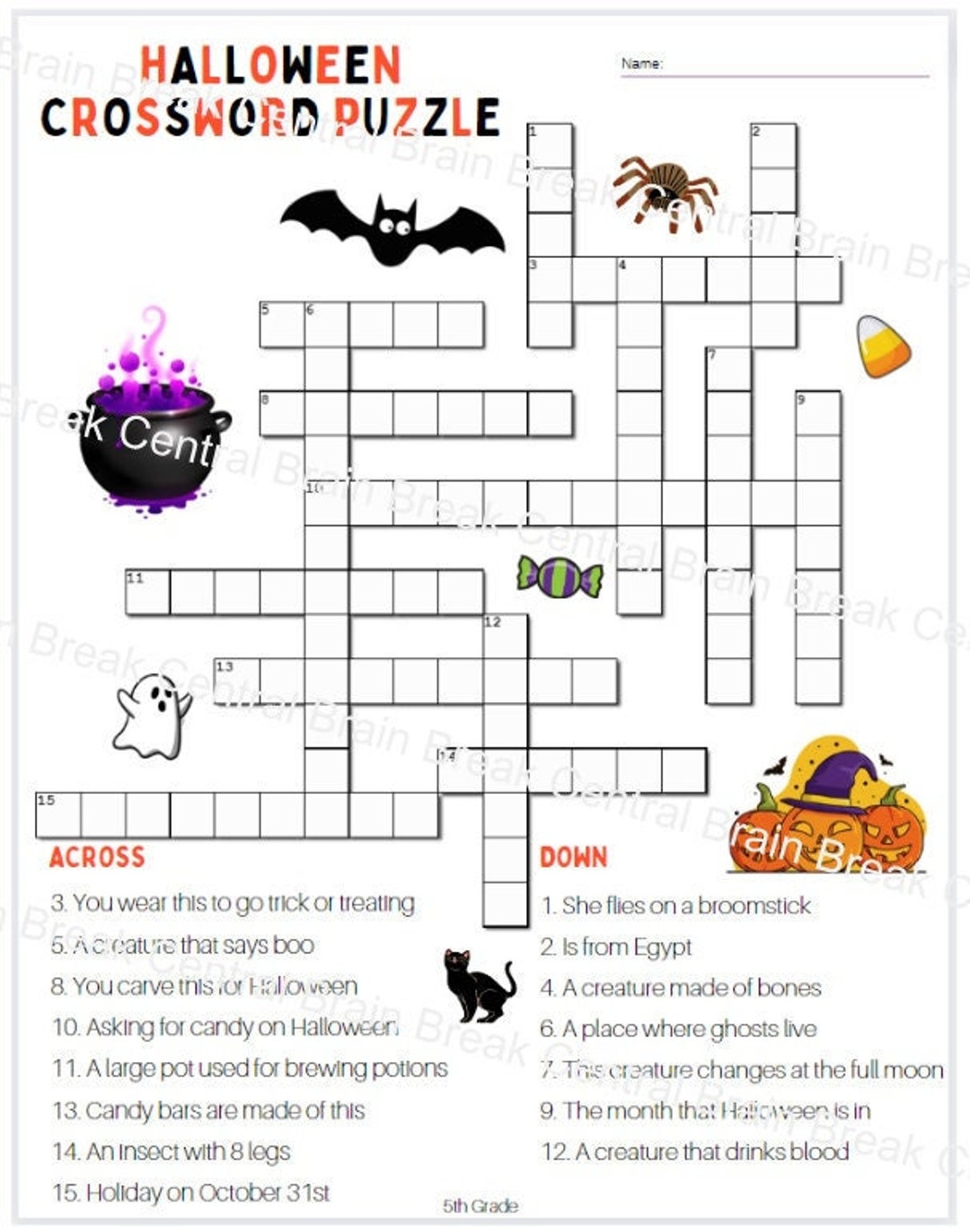 5th Grade Halloween Crossword Puzzle With Answer Key Etsy
