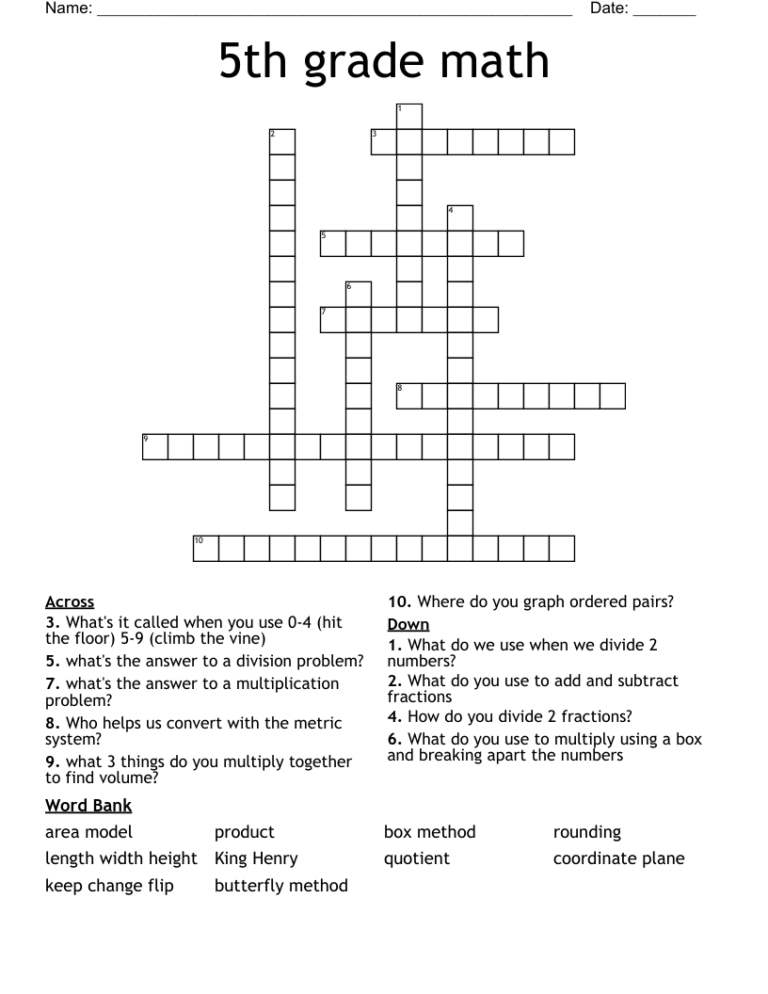 5th Grade Math Crossword WordMint