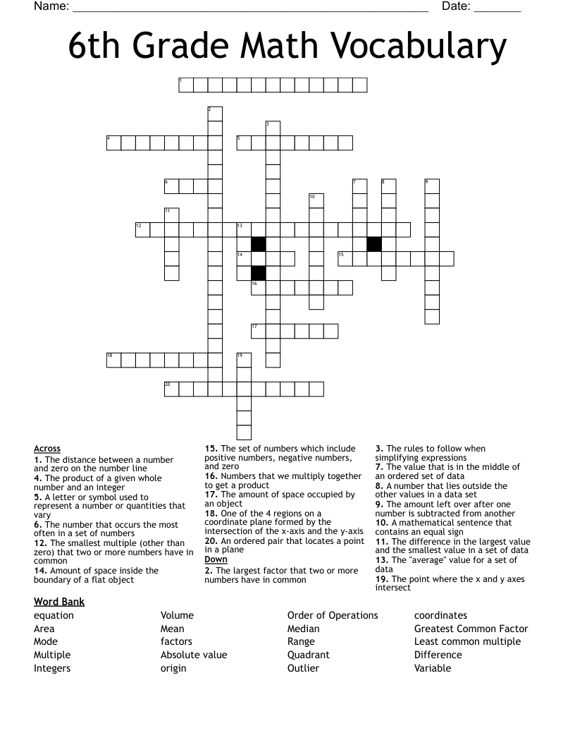 6th Grade Math Vocabulary Crossword WordMint