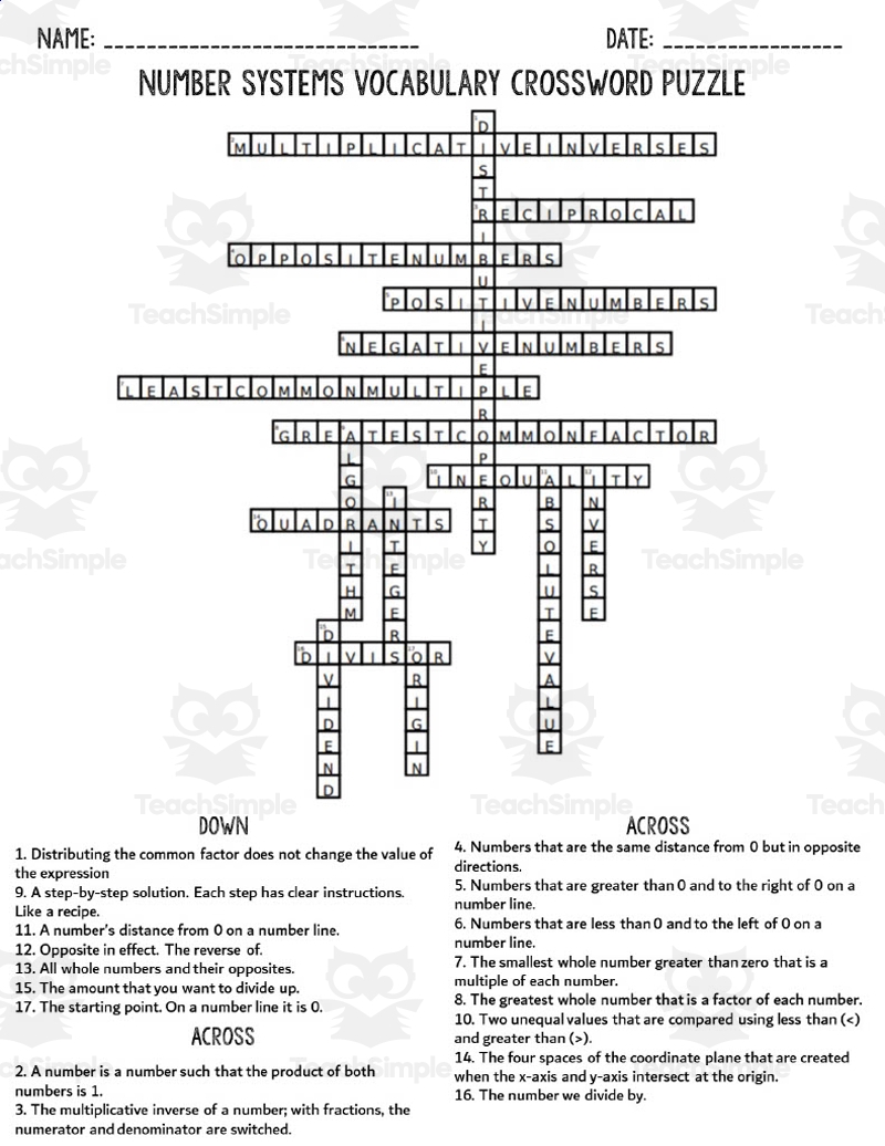6th Grade Number Systems Crossword Puzzle By Teach Simple