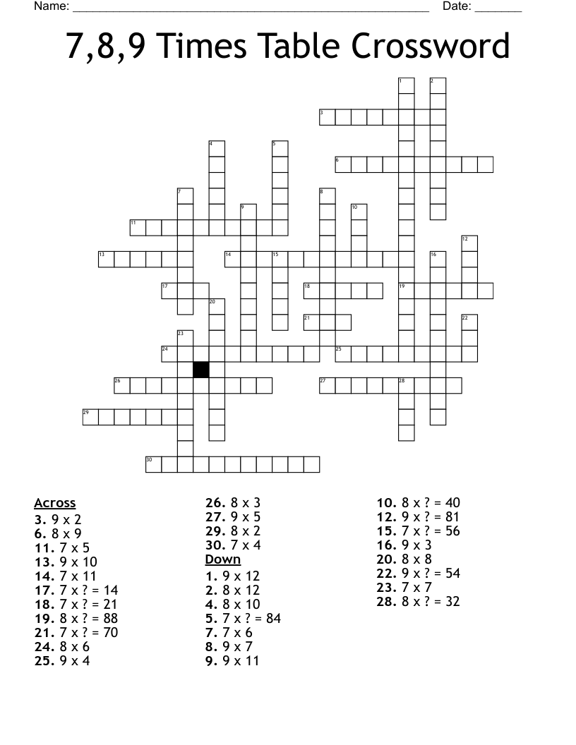 7 8 9 Times Table Crossword WordMint