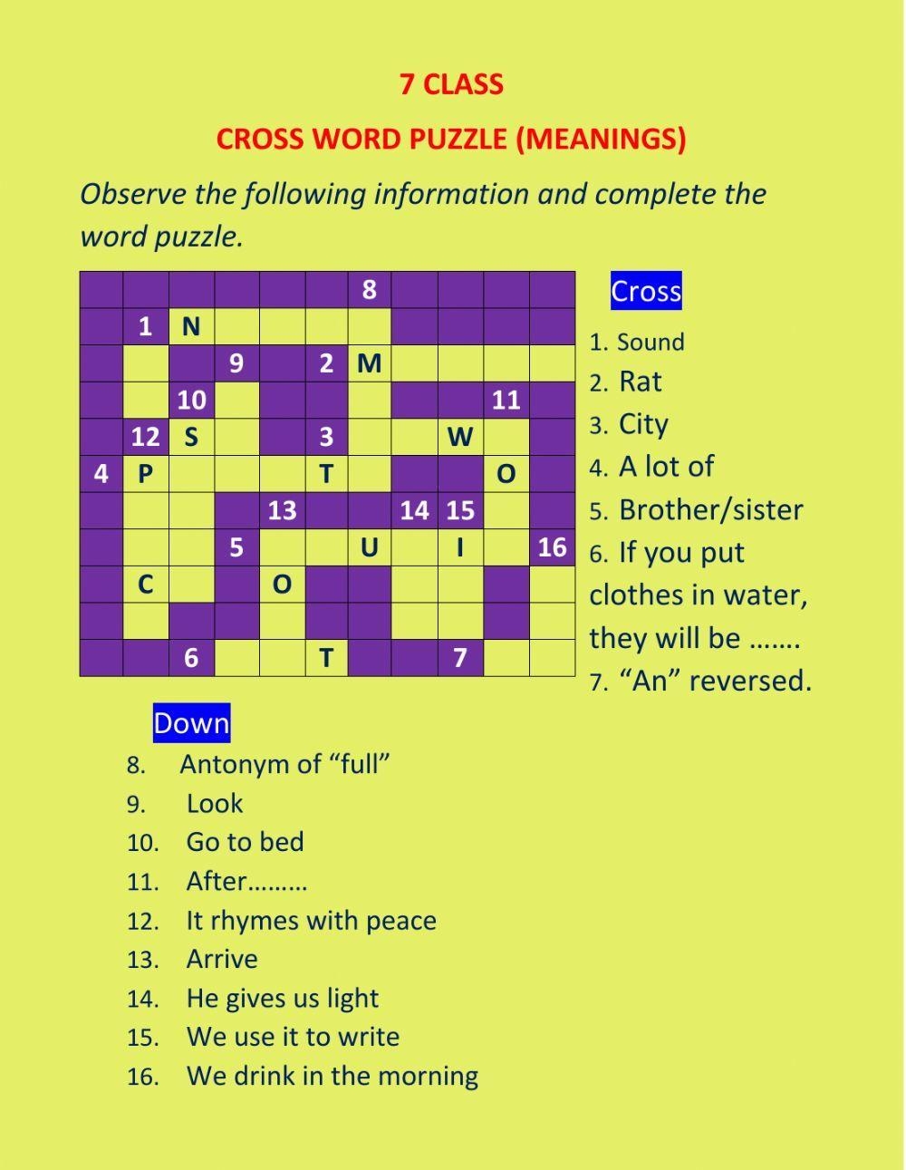 7 Class Cross Word Puzzle Worksheet Live Worksheets Worksheets Library