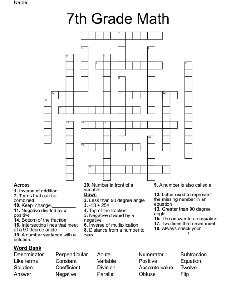 7th Grade Math Crossword WordMint