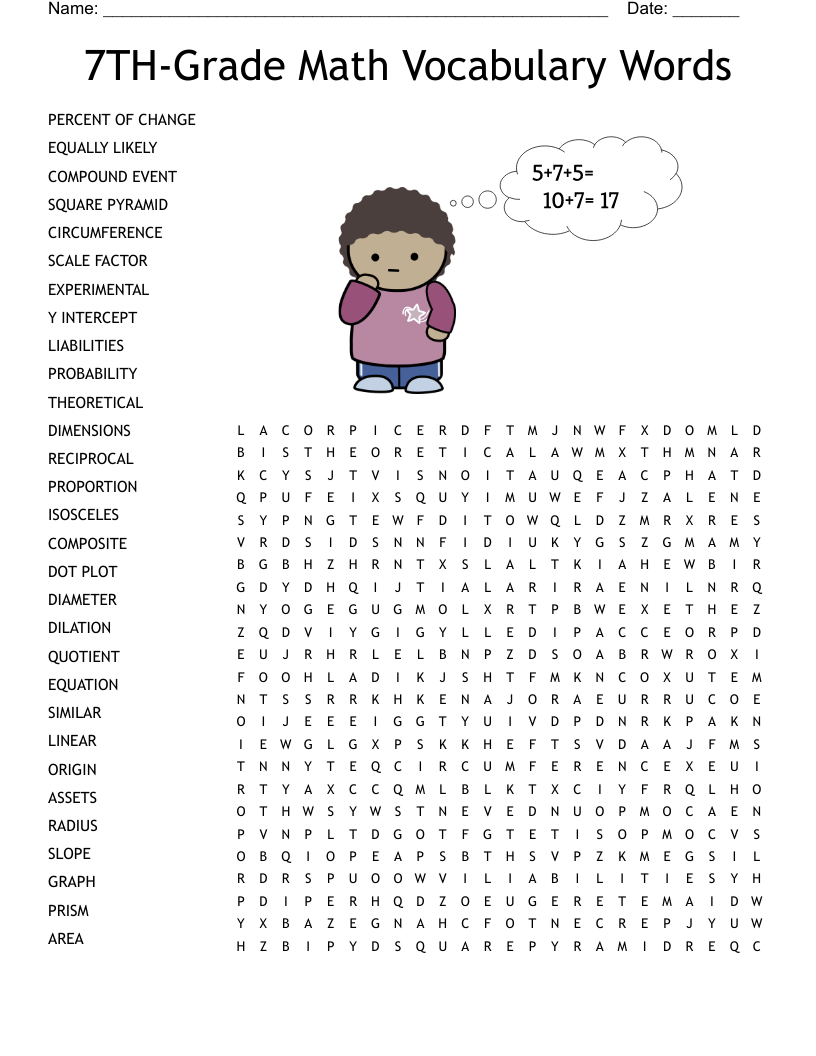 7TH Grade Math Vocabulary Words Word Search WordMint