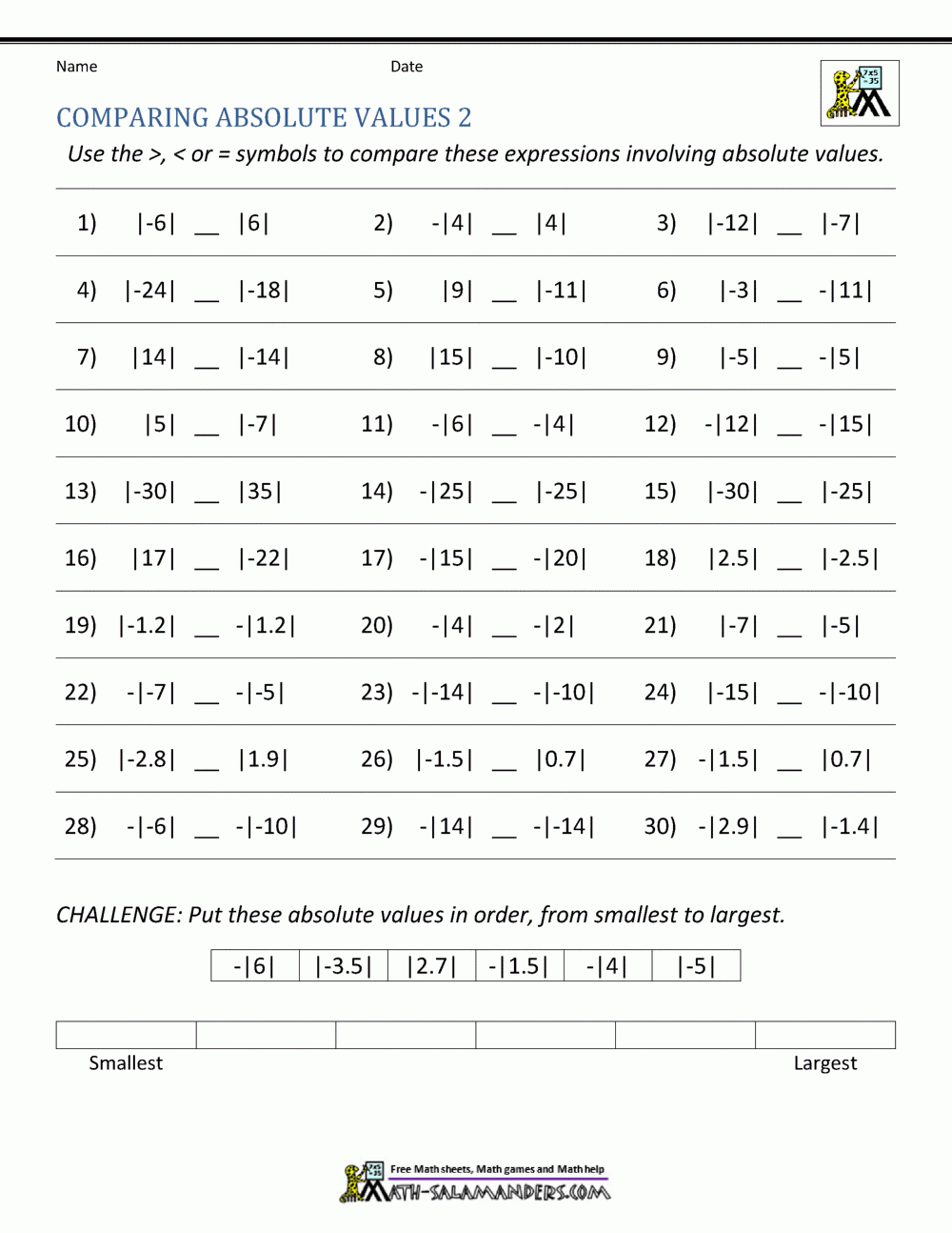 Absolute Value Worksheets
