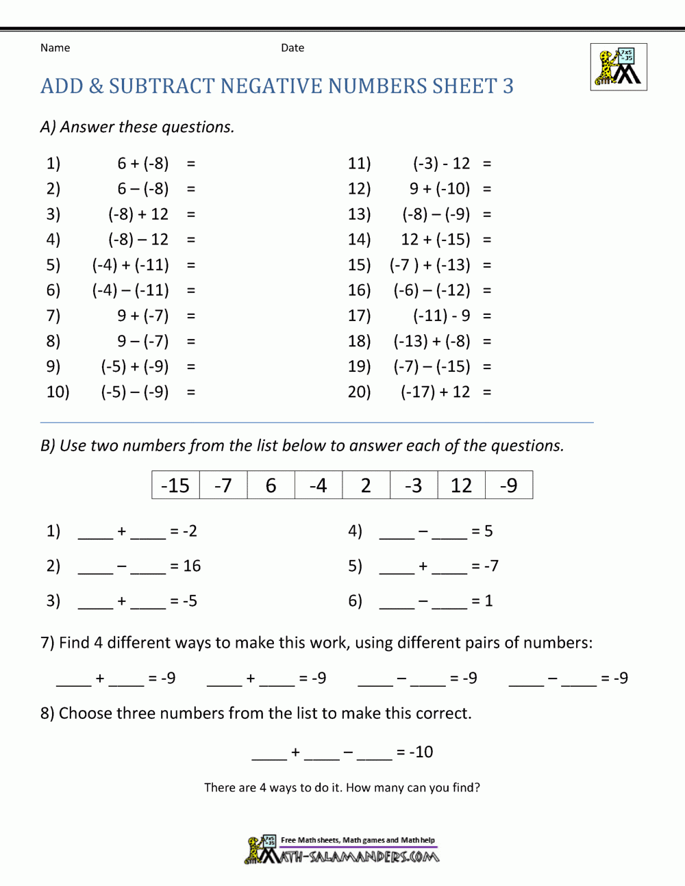 Adding And Subtracting Integers Puzzle Worksheets