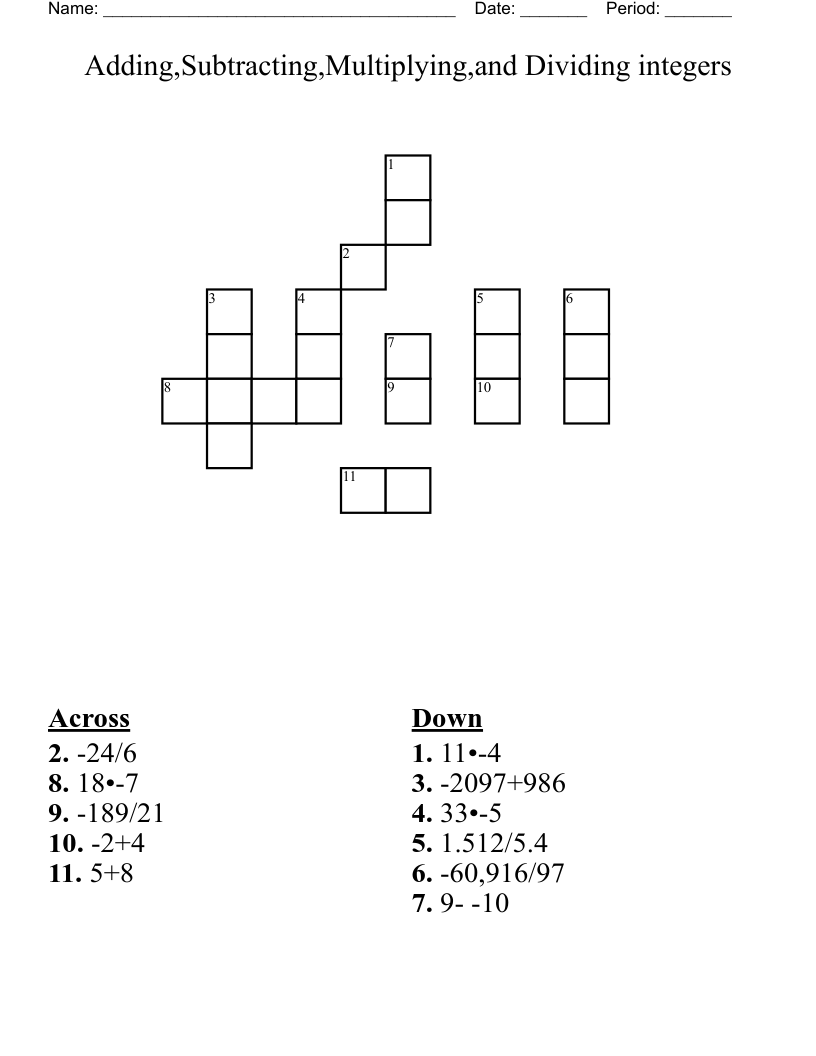 Adding Subtracting Multiplying and Dividing Integers Crossword