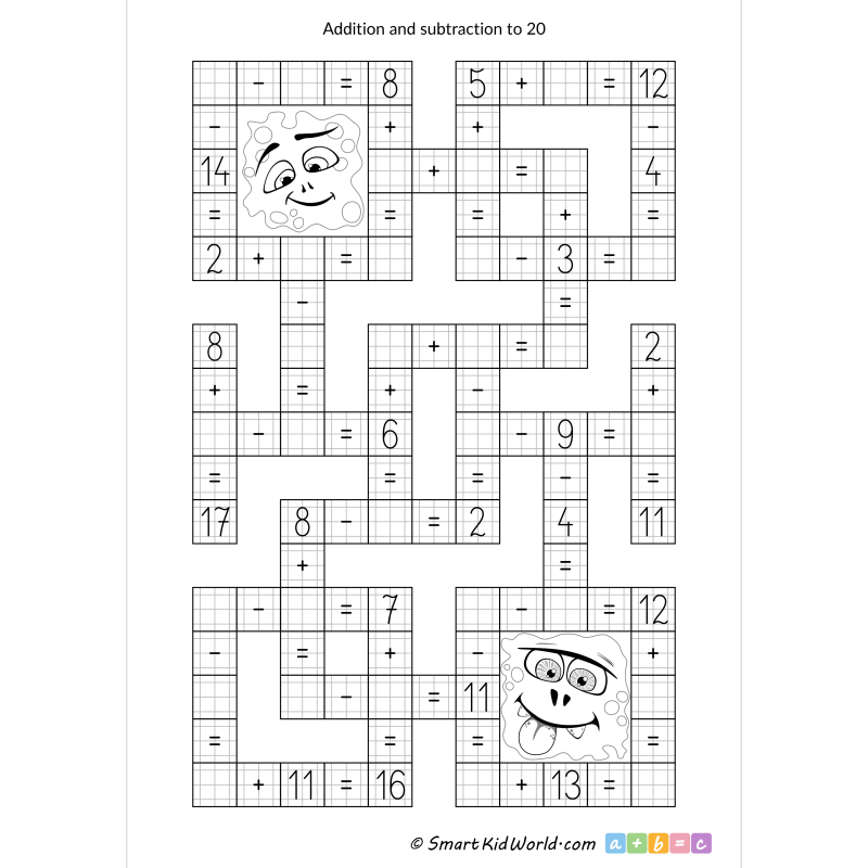 Addition And Subtraction To 20 Math Crossword For Kids 