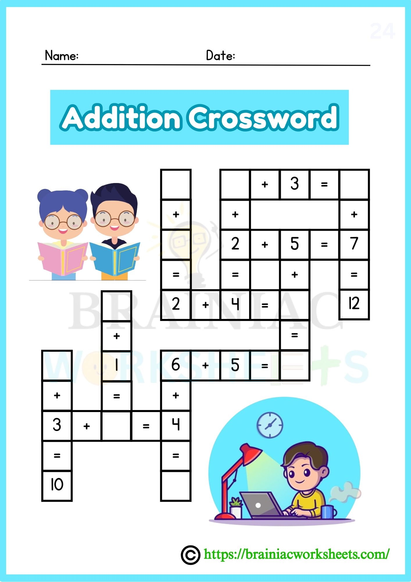 Addition Crossword Puzzle Class 1 Maths Worksheet Brainiac 
