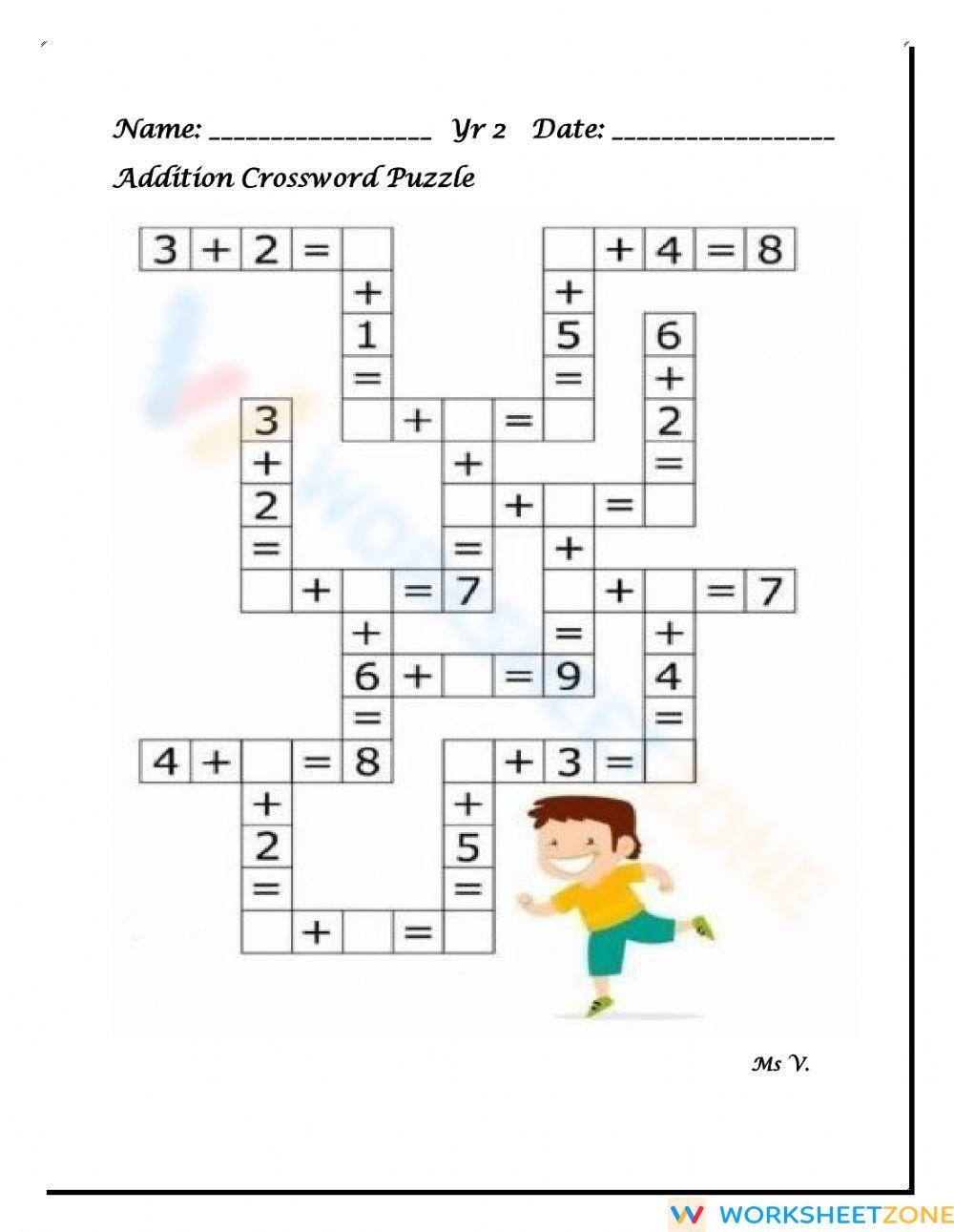 Addition Crossword Puzzle Worksheet