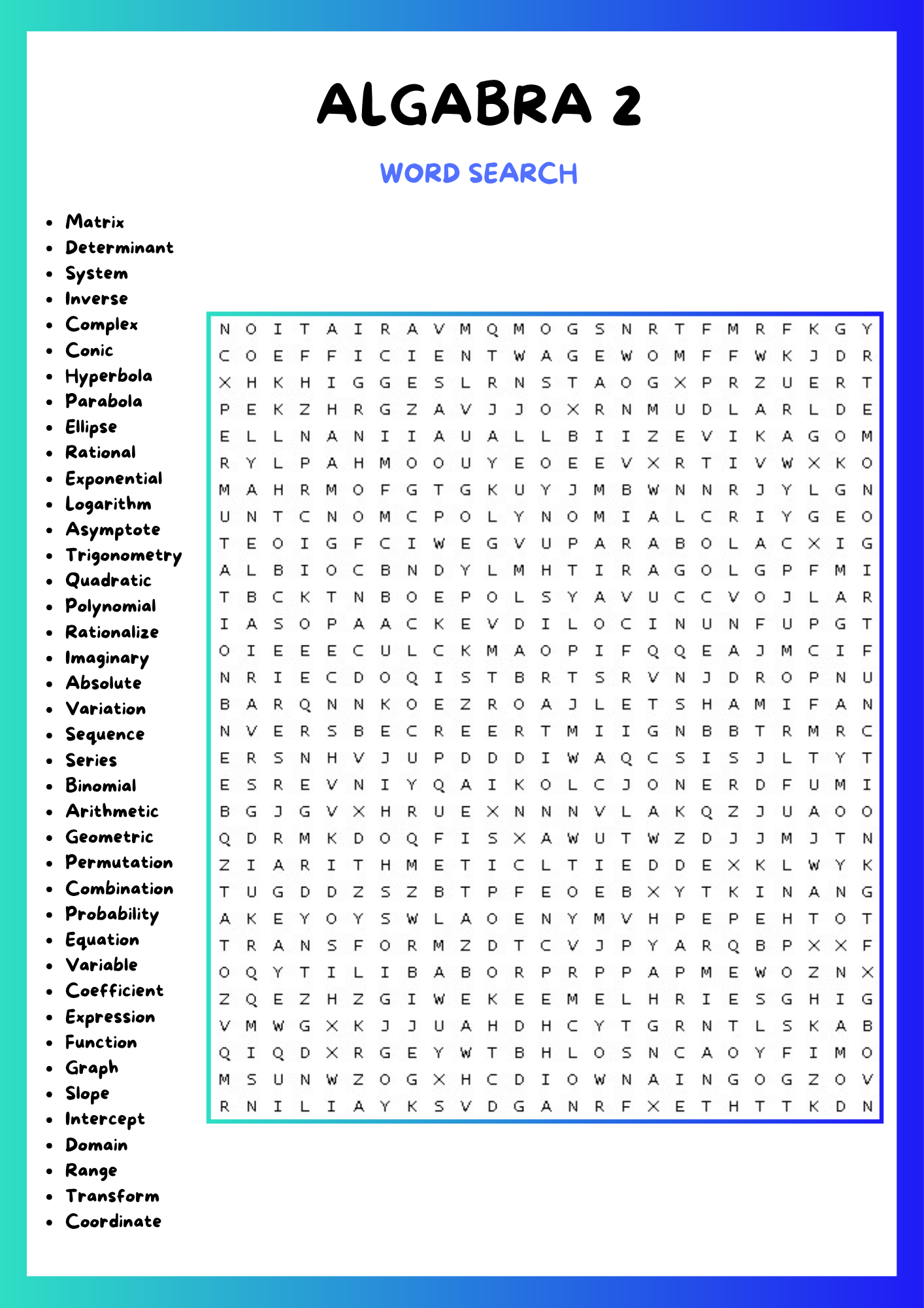 ALGABRA 2 WORD SEARCH PUZZLE WORKSHEET ACTIVITIES Made By Teachers