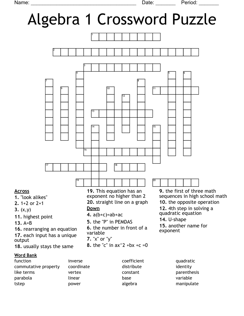 Algebra 1 Crossword Puzzle WordMint