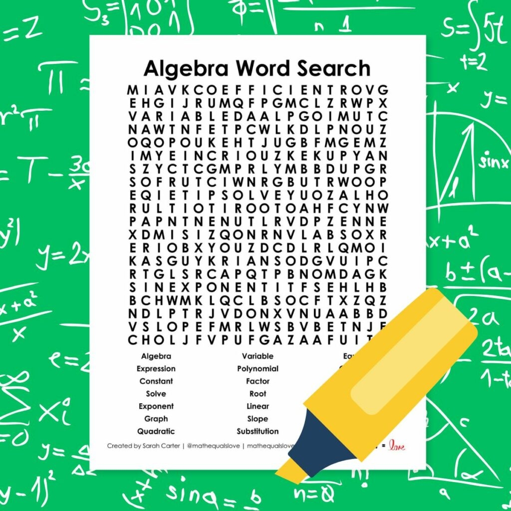 Algebra Word Search Puzzle Math U003d Love