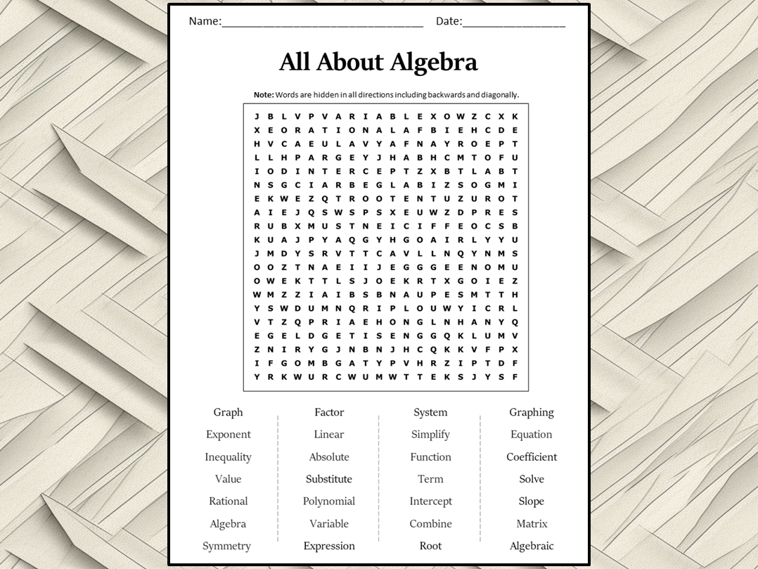 All About Algebra Word Search Puzzle Worksheet Activity Teaching Resources