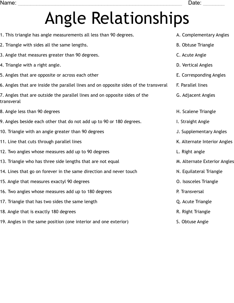 Angle Relationships Puzzle Worksheet Answers