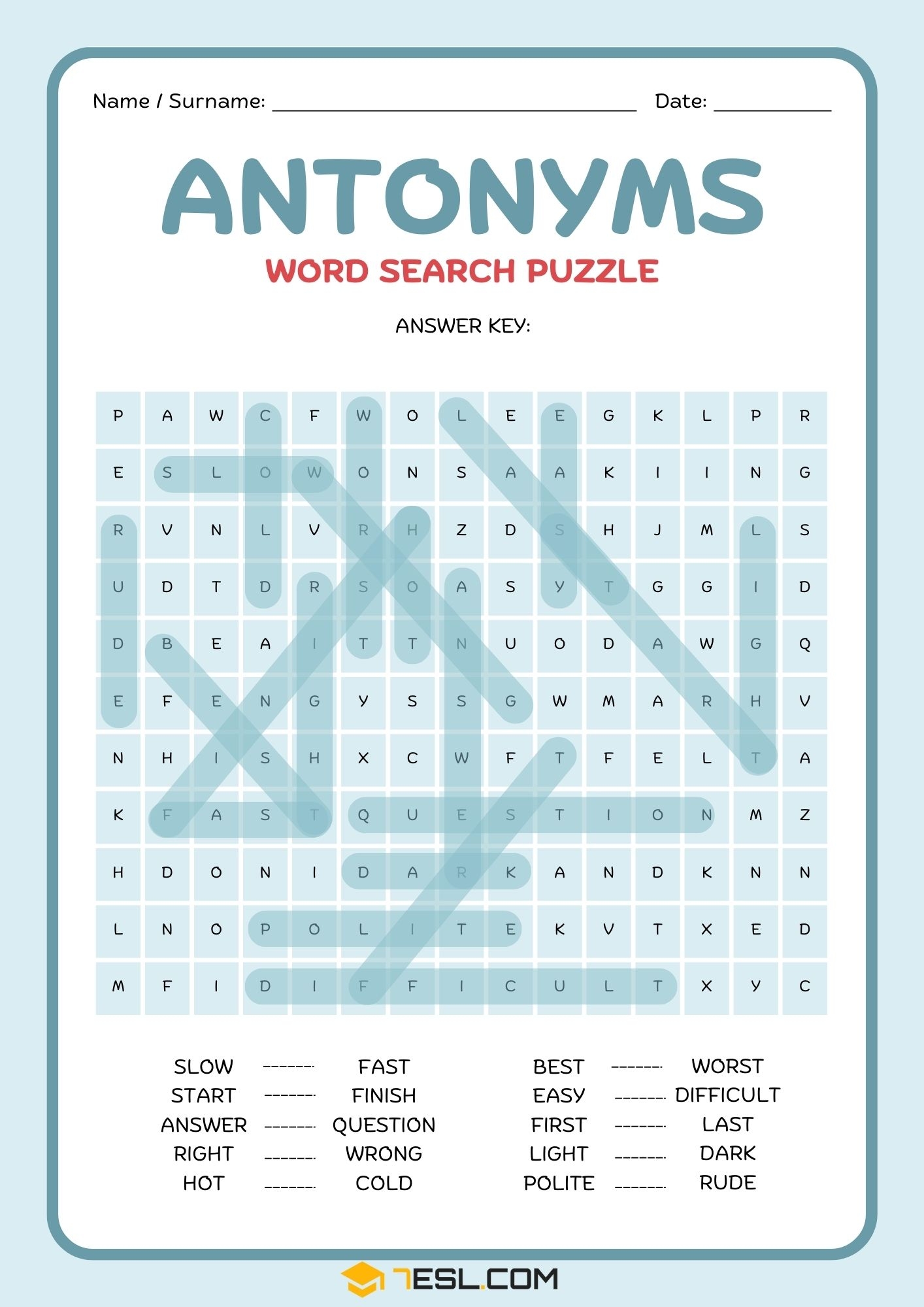 Antonyms Worksheets For All Ages 7ESL