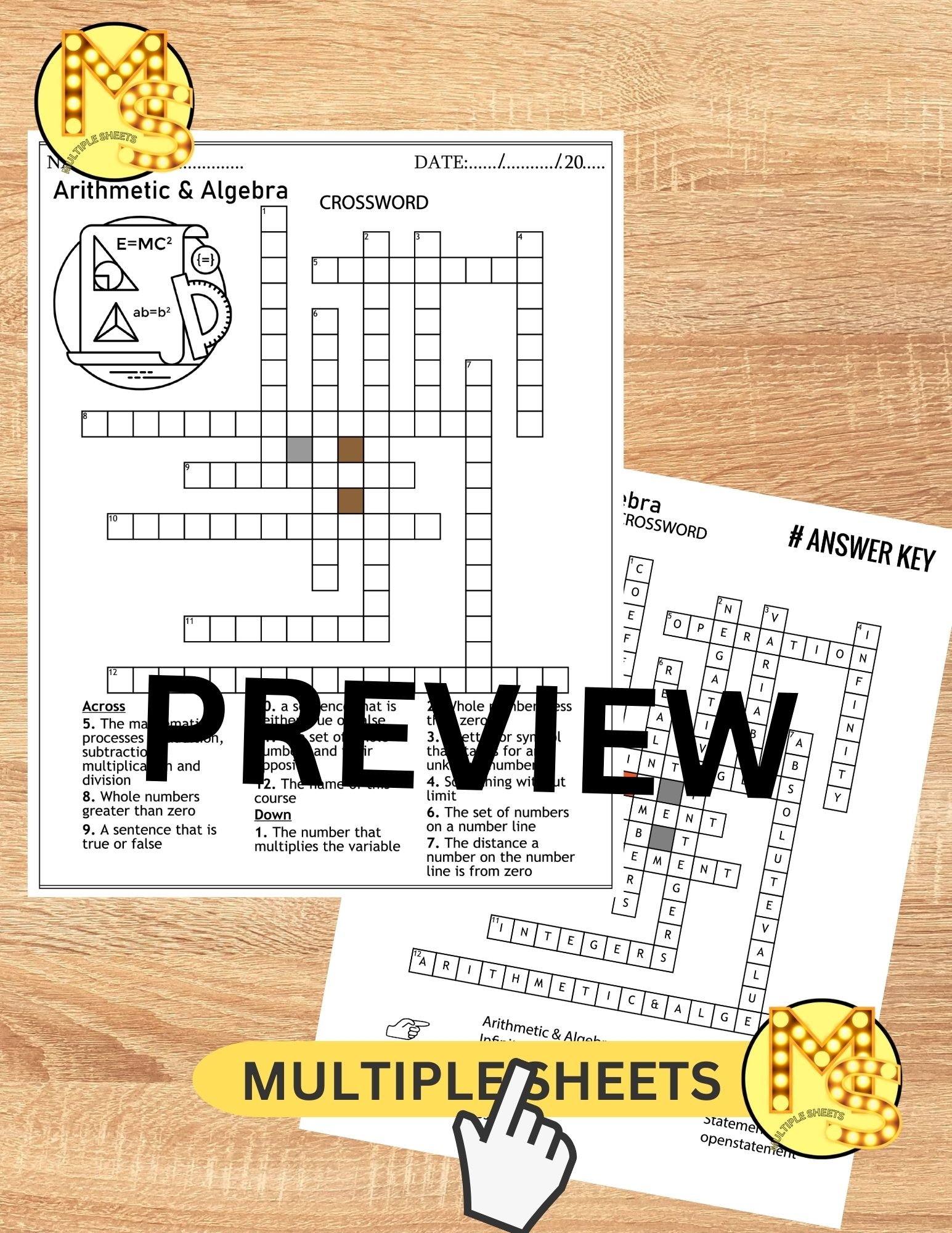 Arithmetic And Algebra Worksheets Crossword Word Scramble Word 