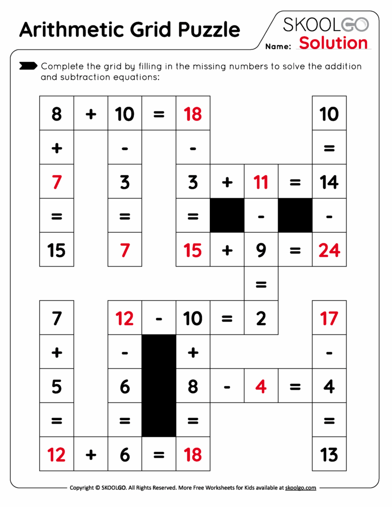 Arithmetic Grid Puzzle Free Worksheet For Kids SKOOLGO