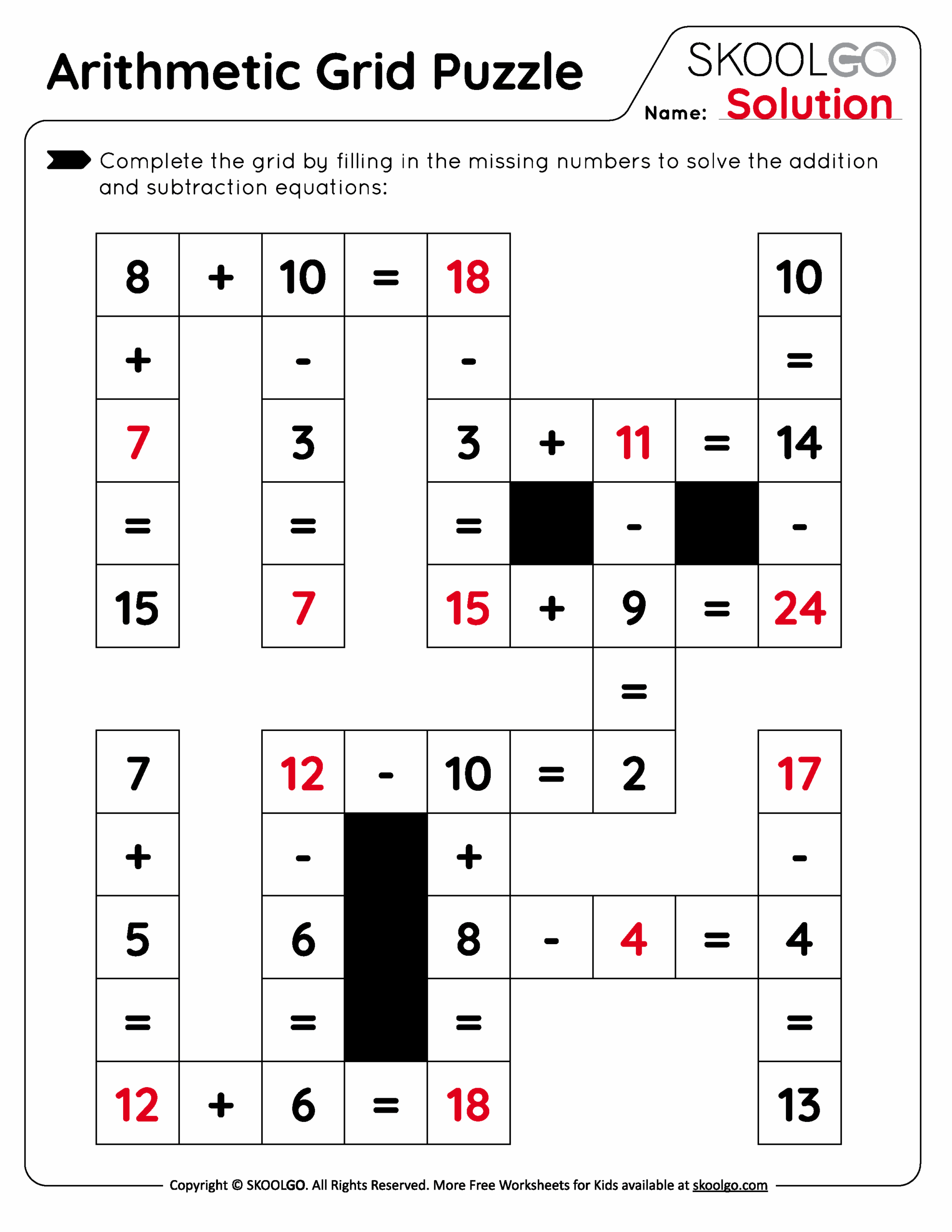 Arithmetic Grid Puzzle Free Worksheet For Kids SKOOLGO
