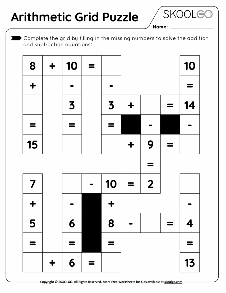 Arithmetic Grid Puzzle Free Worksheet For Kids SKOOLGO