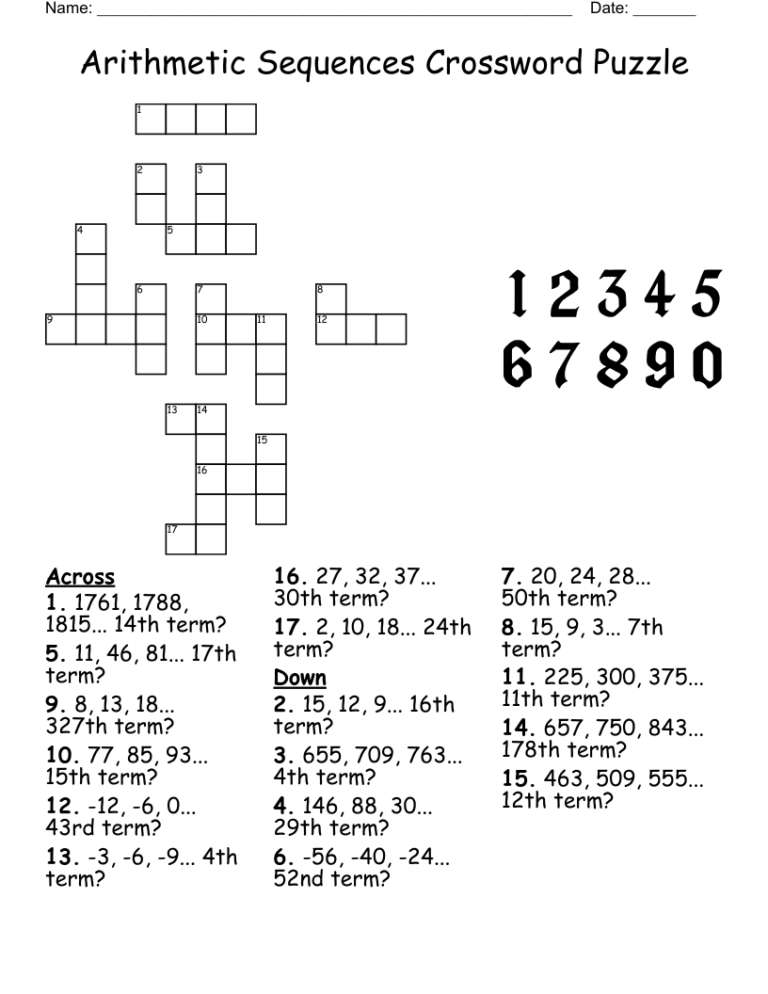 Arithmetic Sequences Crossword Puzzle WordMint