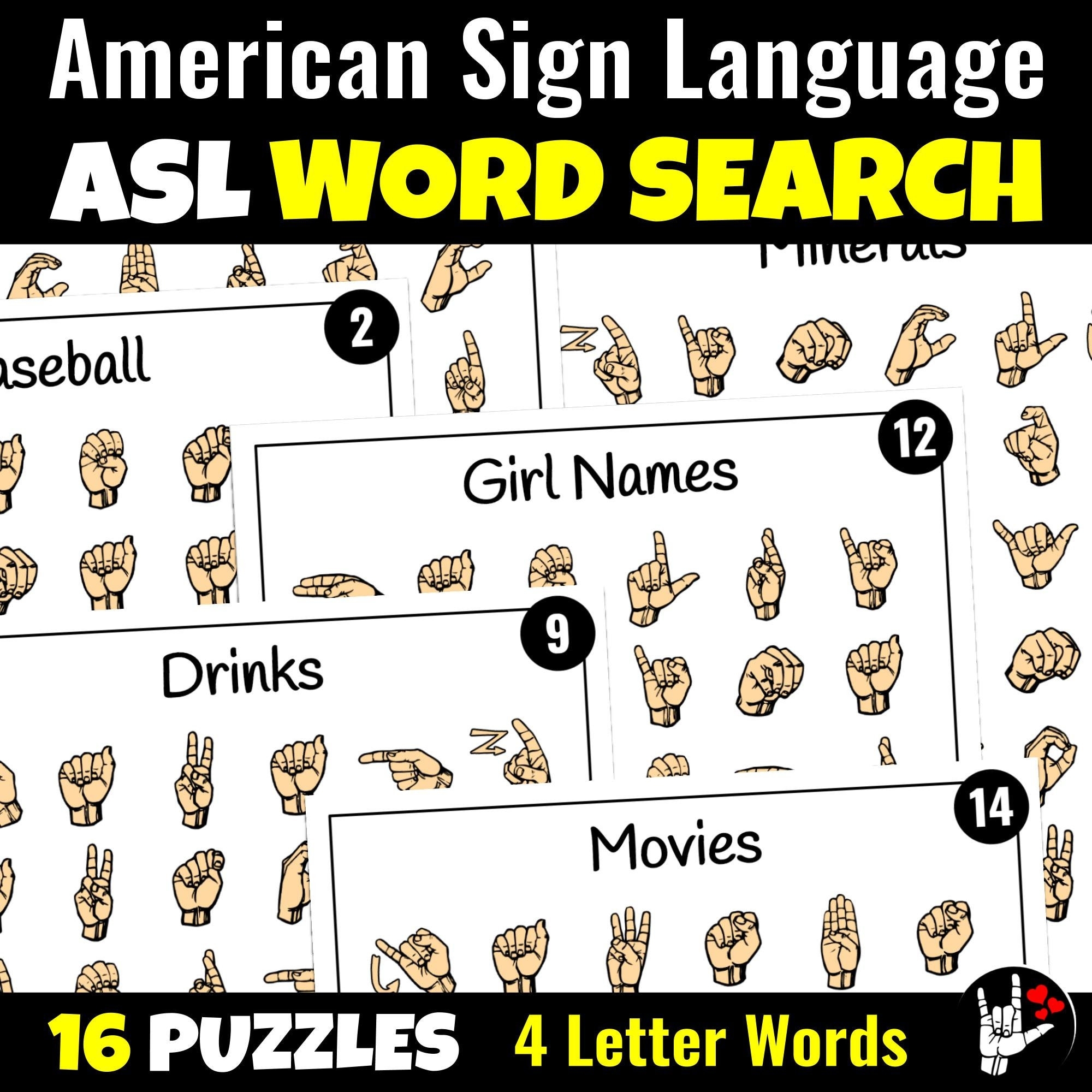 ASL Sign Language Word Search Printable ASL Word Search American Sign Language Hand Signs Homeschool Fingerspelling ASL Puzzle Etsy