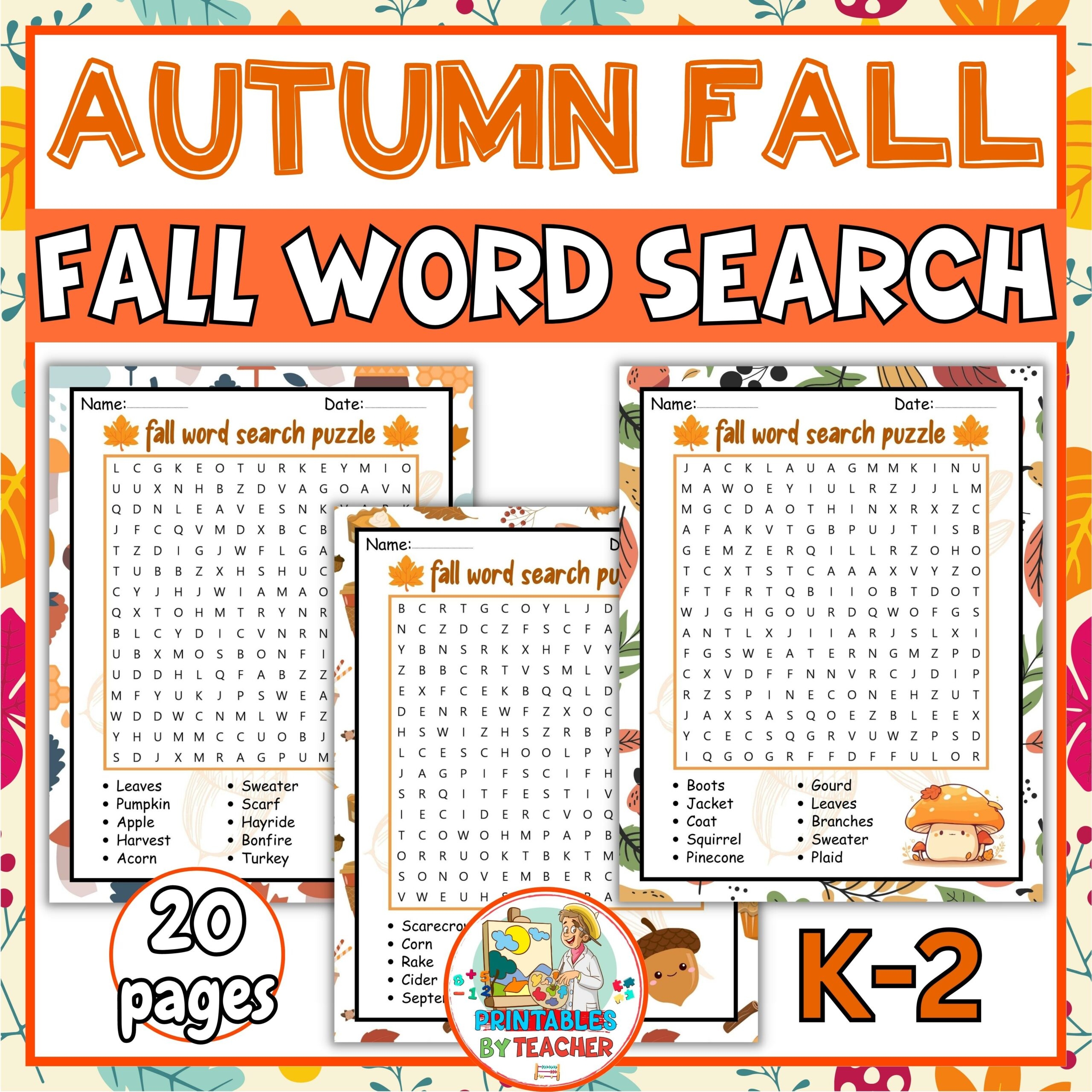 Autumn Fall Word Search Puzzle Game Worksheets Autumn November Activities