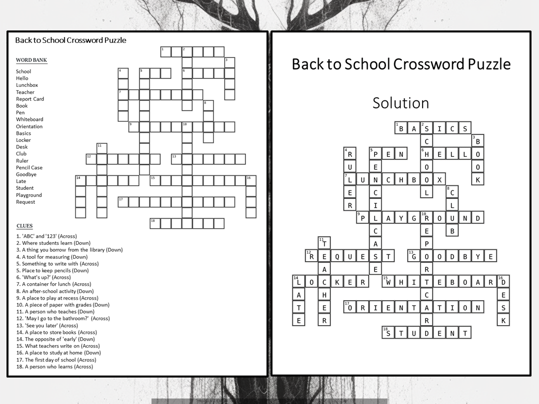 Back To School Crossword Puzzle Worksheet Activity Teaching Resources