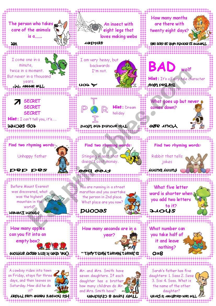 Brain Teasers Riddles U0026 Puzzles Card Game set 1 ESL Worksheet By Lili27