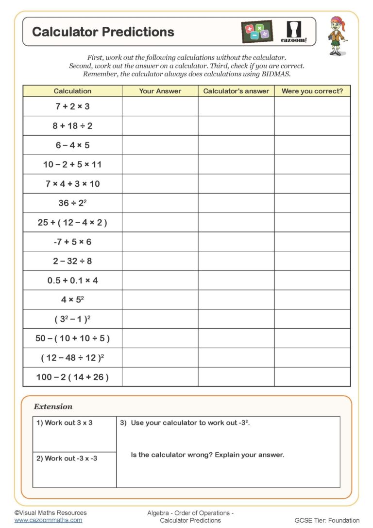 Calculator Predictions Worksheet Cazoom Maths Worksheets