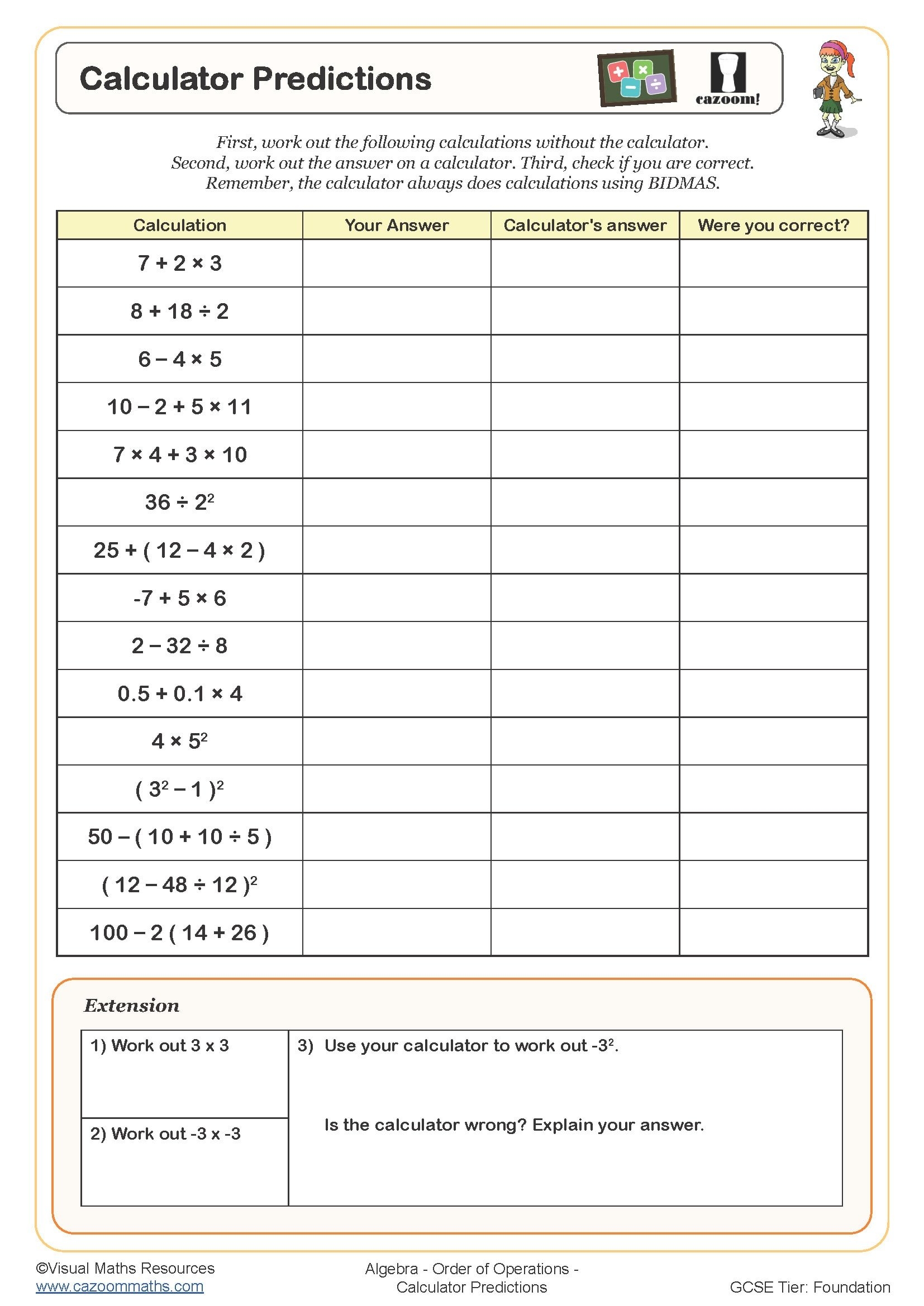 Calculator Predictions Worksheet Cazoom Maths Worksheets