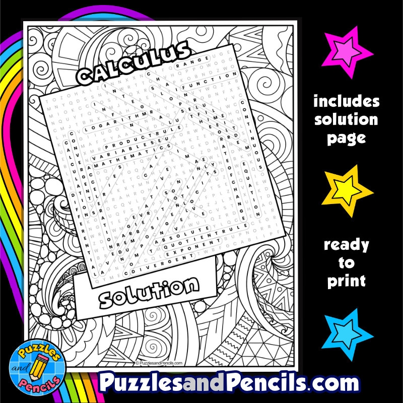 Calculus Word Search Puzzle With Coloring Mathematics Wordsearch 