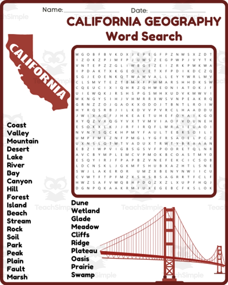 CALIFORNIA GEOGRAPHY Word Search Puzzle Worksheet Activity Bell 
