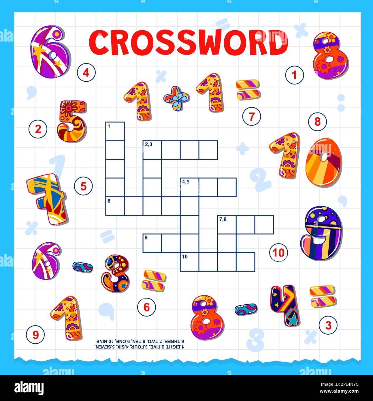 Cartoon Math Numbers And Digits Crossword Grid To Find Word 