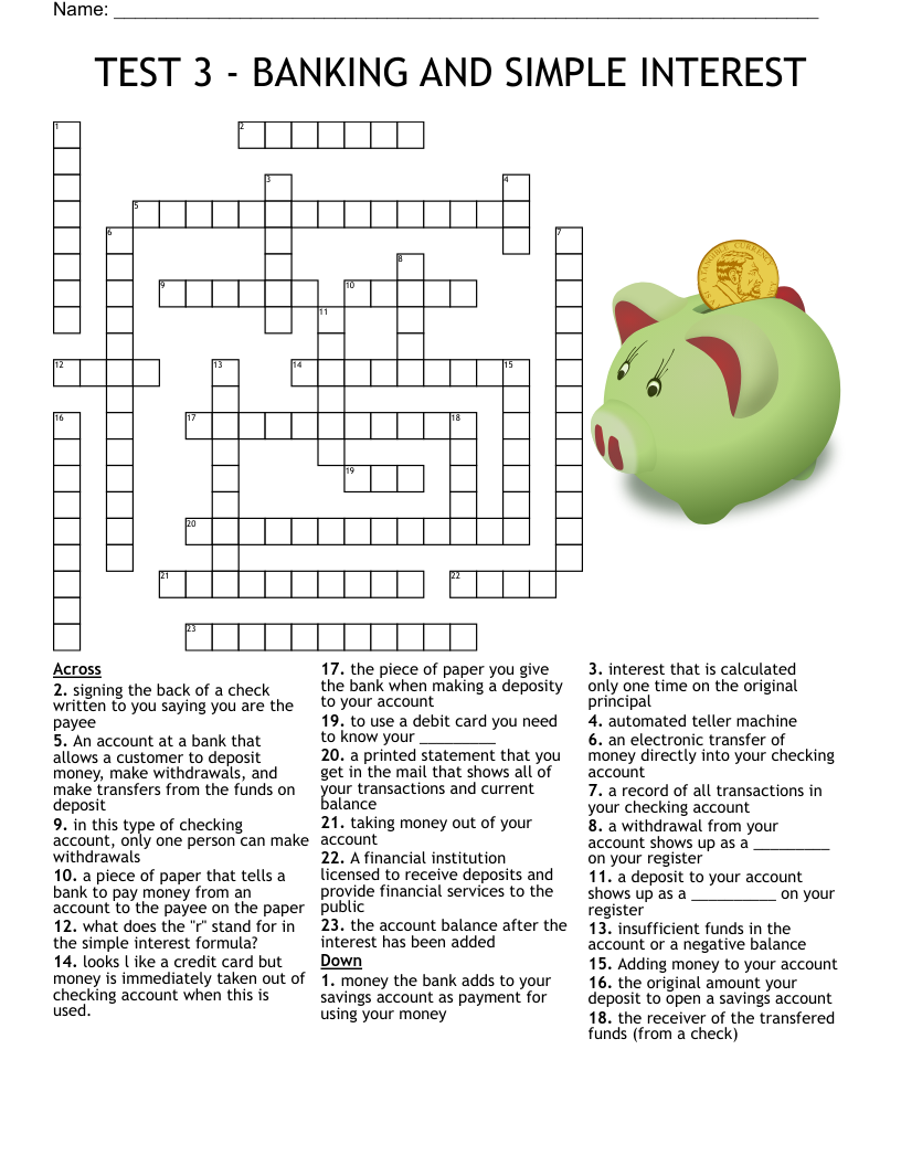 Checking Account Crossword Puzzle Worksheet Answers