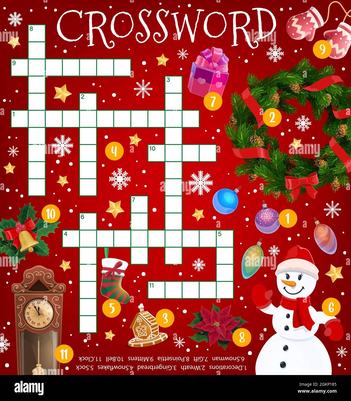 Christmas Crossword Puzzle Game Grid Cartoon Holiday Items And 