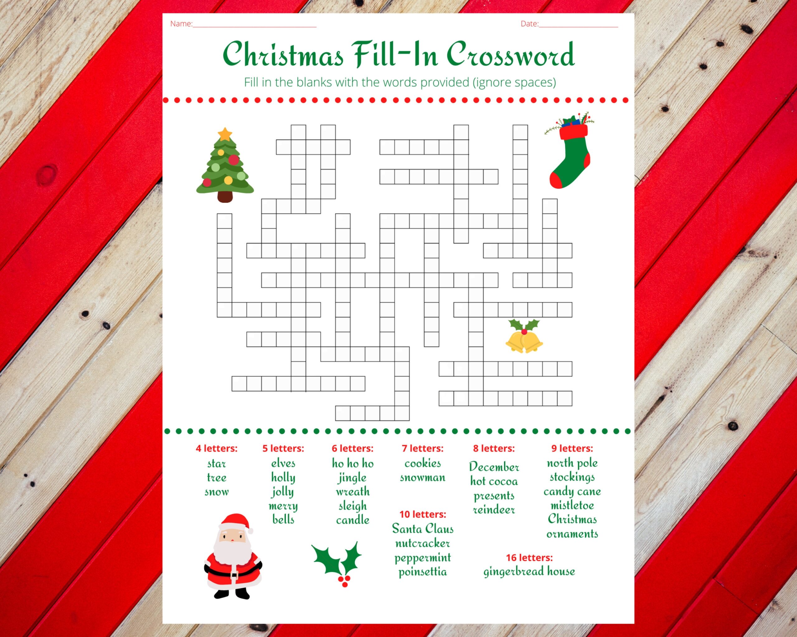 Christmas Holiday Fill In Crossword Puzzle Worksheet DIGITAL PRINTABLE