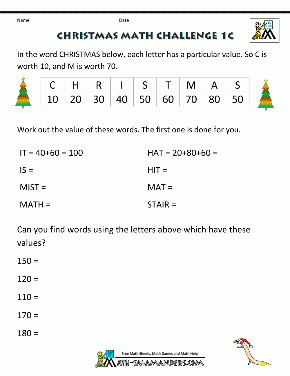 Christmas Math Worksheets Harder 