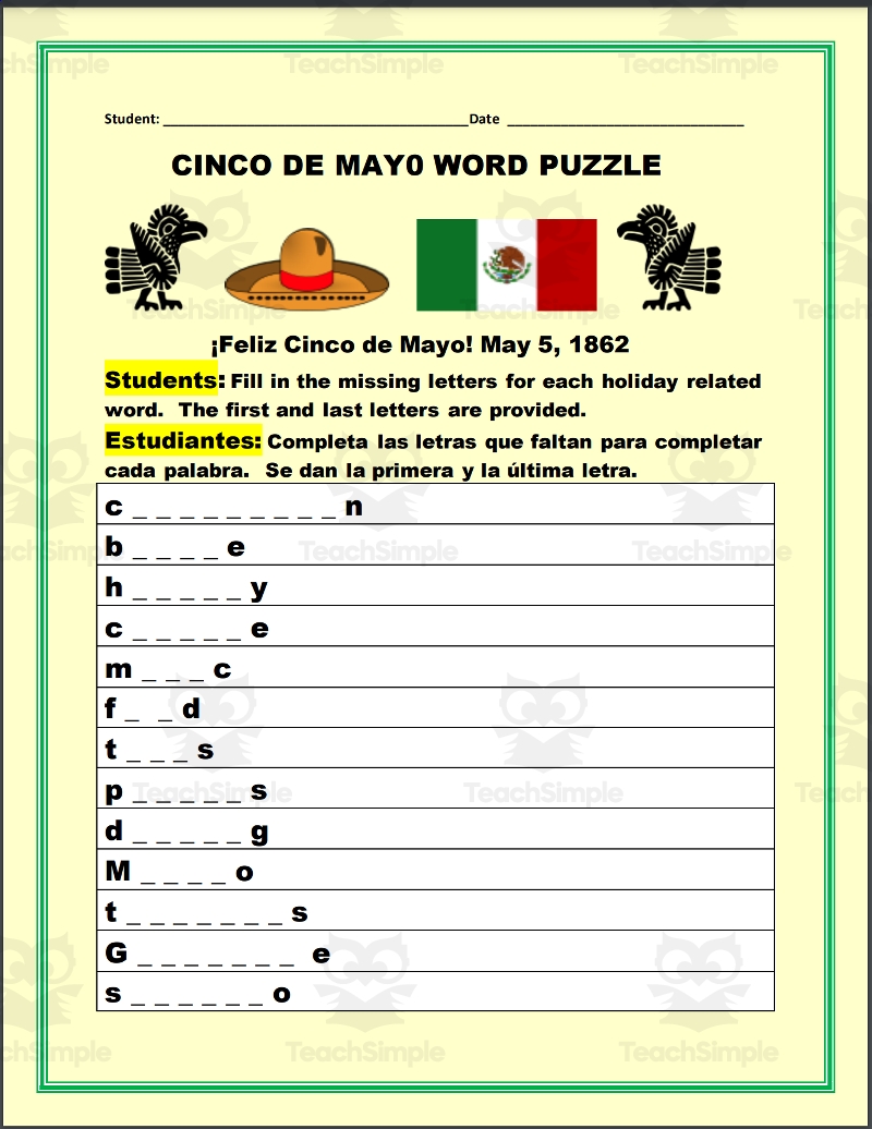 Cinco De Mayo Puzzle Worksheets