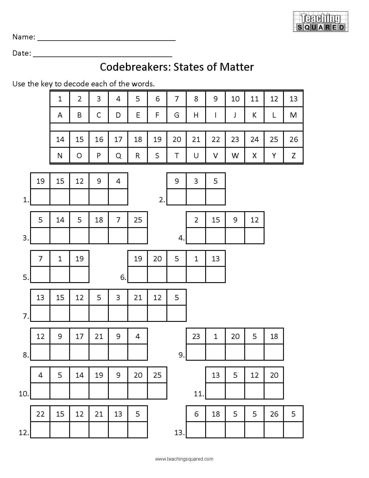 Codebreakers States Of Matter Puzzle Teaching Squared