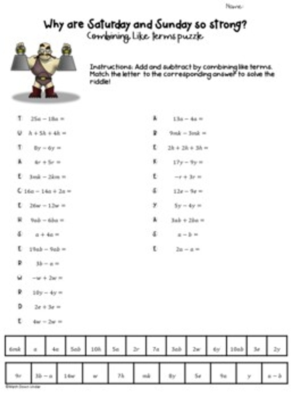 Combining Like Terms Puzzle Worksheet