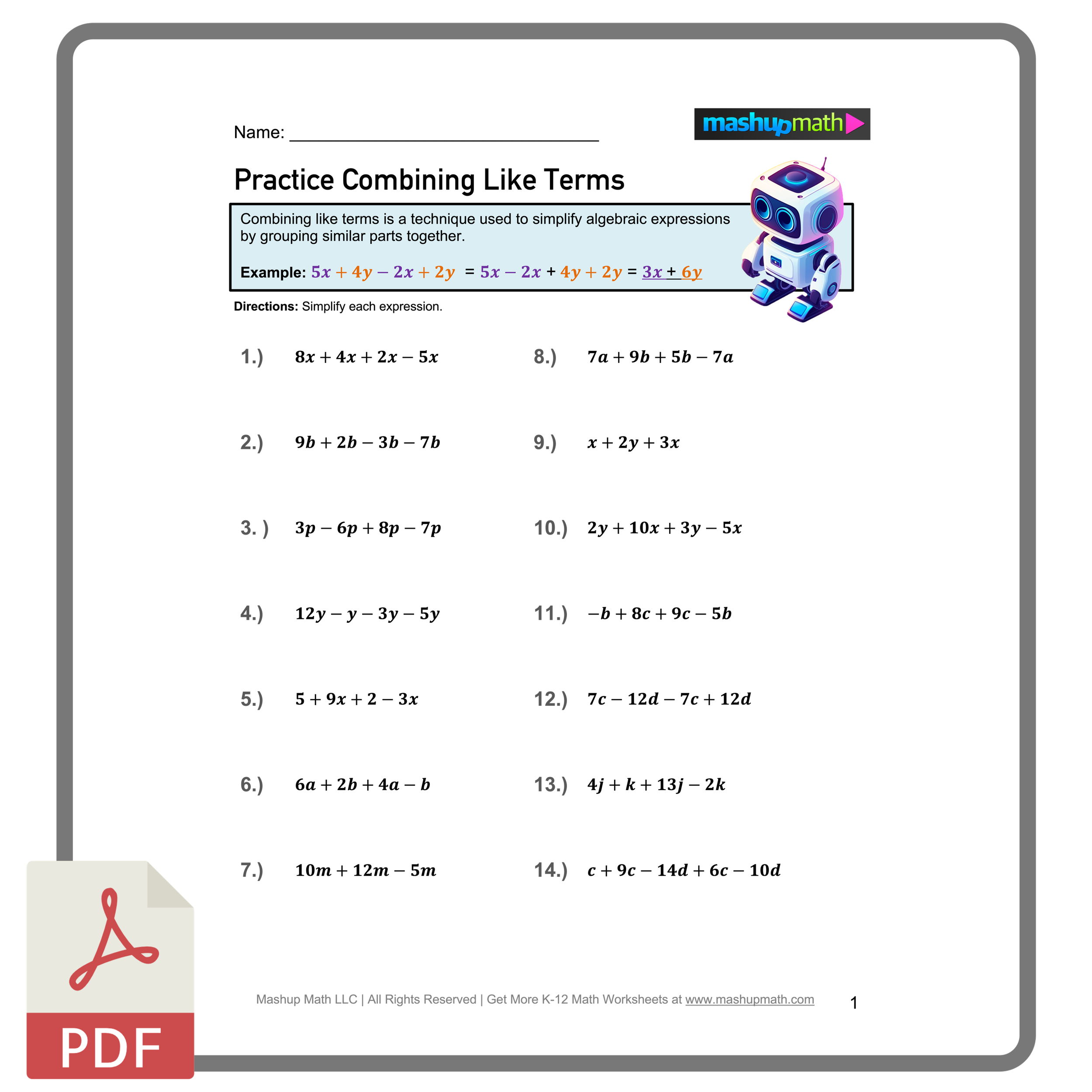 Combining Like Terms Puzzle Worksheet Answers