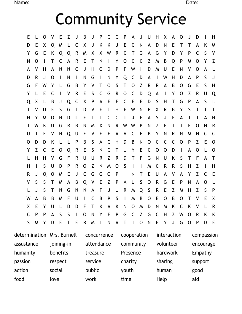 Community Service Word Search WordMint