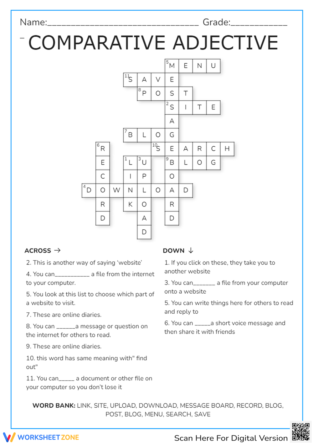 Adjective Crossword Puzzle Worksheet