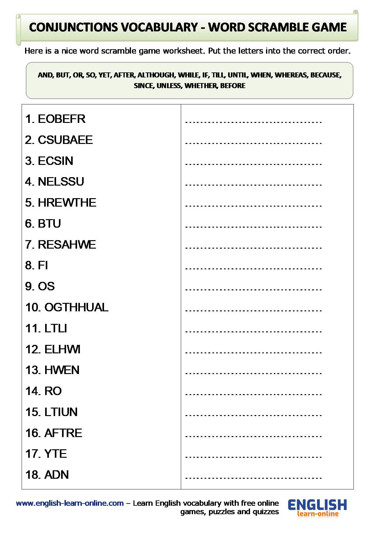 Conjunctions In English With Worksheets Learn English