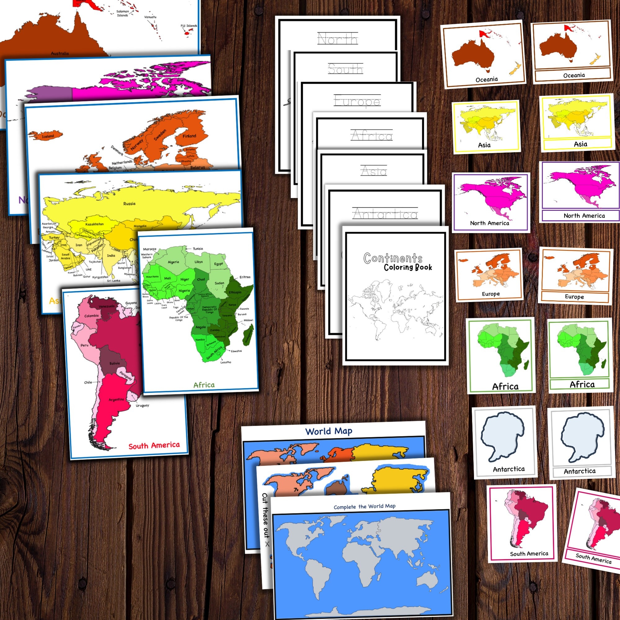 Continents Puzzle Printable World Map Puzzle 3 Part Cards Continents Labeled Maps Asia Map Africa Map Europe Map North America Map Etsy