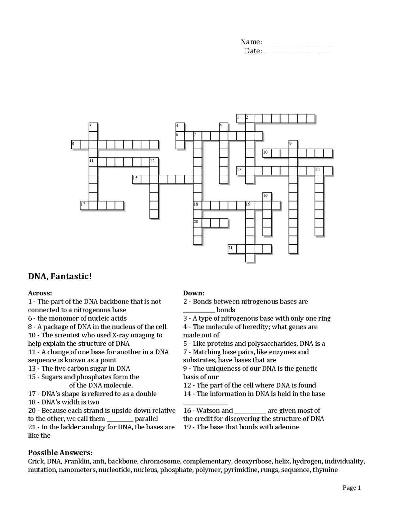 Crossword Puzzle With DNA Worksheet Exercises Genetics Docsity